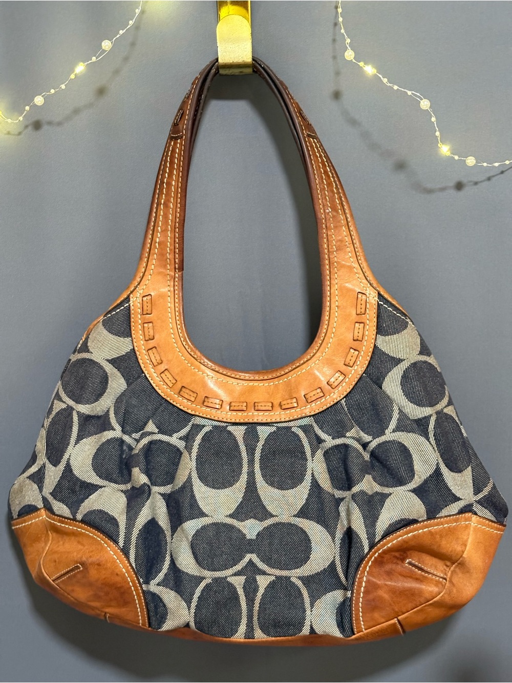 Coach Signature Canvas Hobo Bag in Navy and Tan